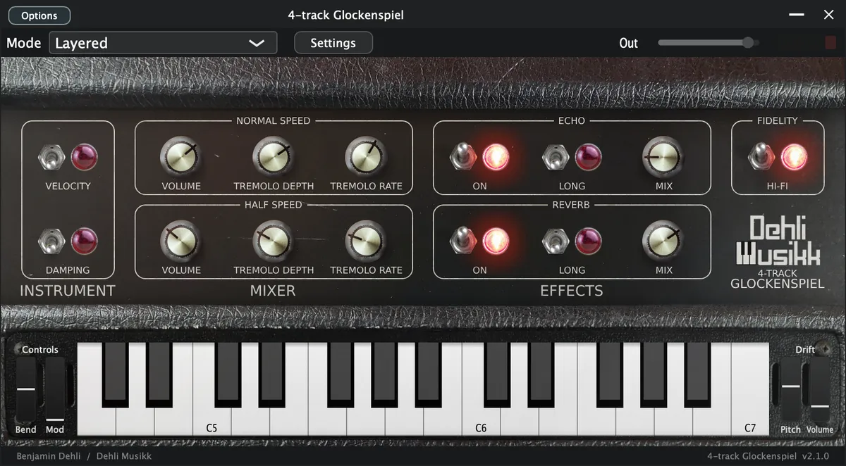 4-track Glockenspiel plugin interface, showing its controls and on-screen keyboard