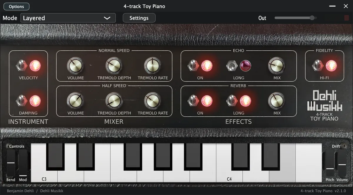 4-track Toy Piano plugin interface, showing its controls and on-screen keyboard