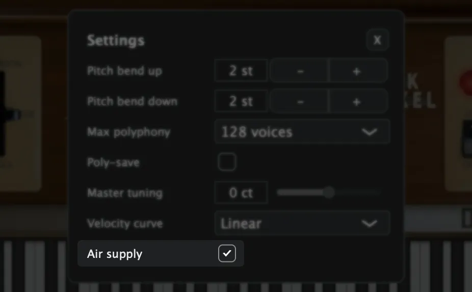 Toggle for air supply emulation in the settings menu