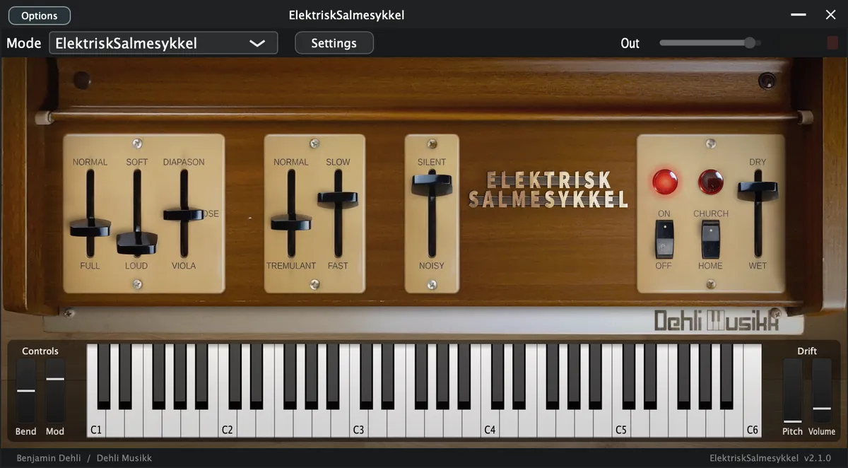 Elektrisk Salmesykkel plugin interface, showing its controls and on-screen keyboard