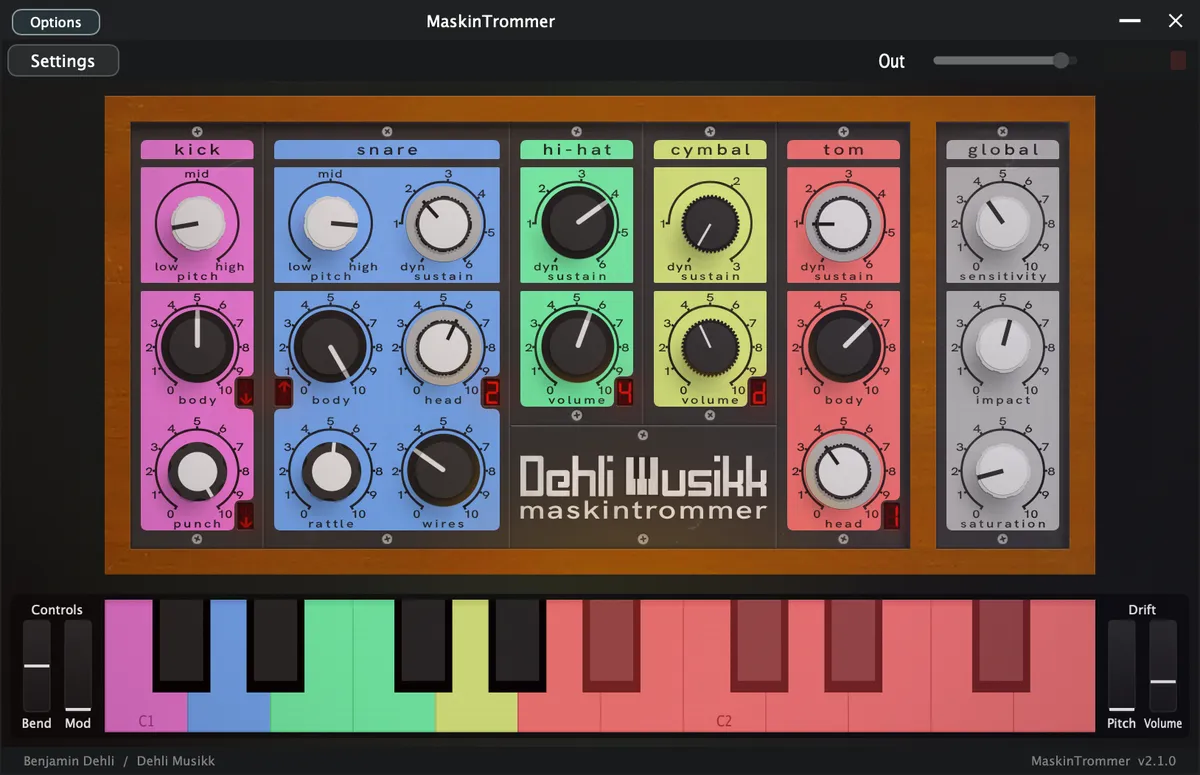 Maskintrommer plugin interface, showing its controls and on-screen keyboard