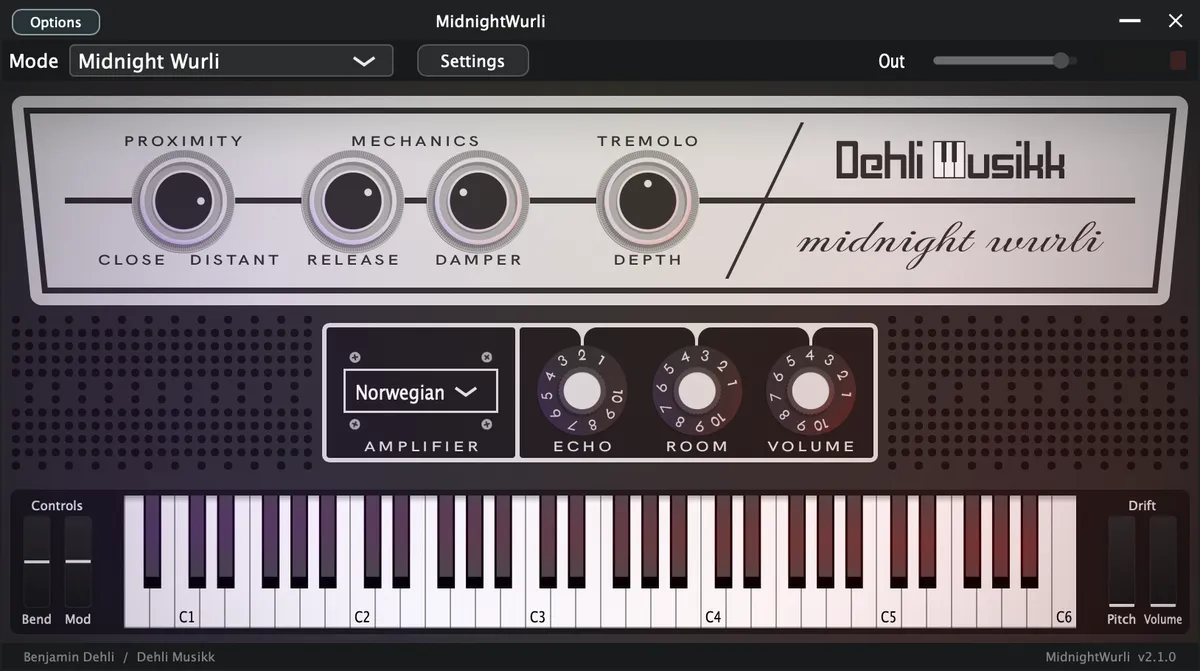 Midnight Wurli plugin interface, showing its controls and on-screen keyboard