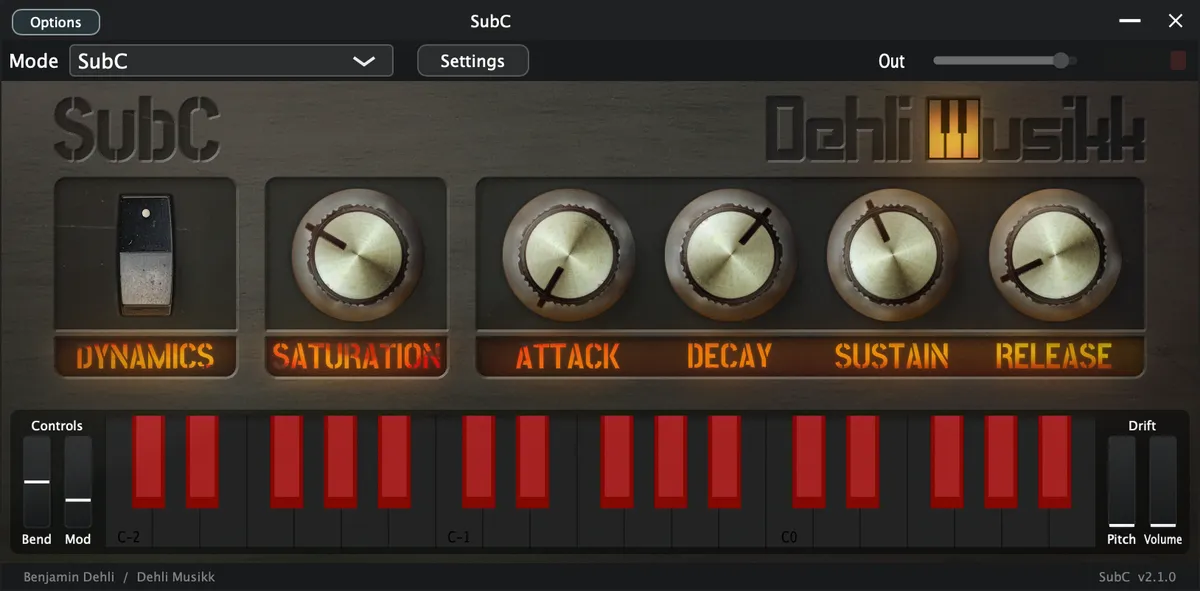 SubC plugin interface, showing its controls and on-screen keyboard
