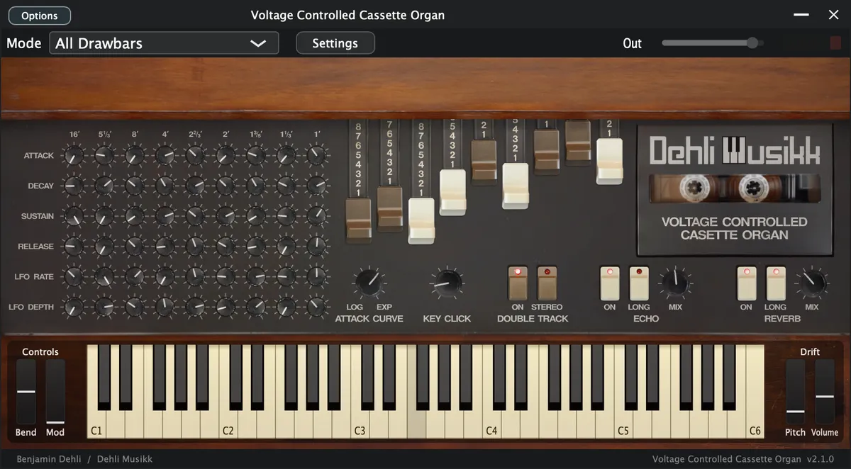 Voltage Controlled Cassette Organ plugin interface, showing its controls and on-screen keyboard