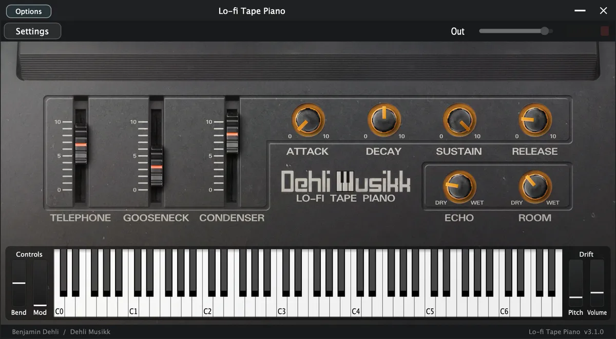 Lo-fi Tape Piano plugin interface, showing its controls and on-screen keyboard