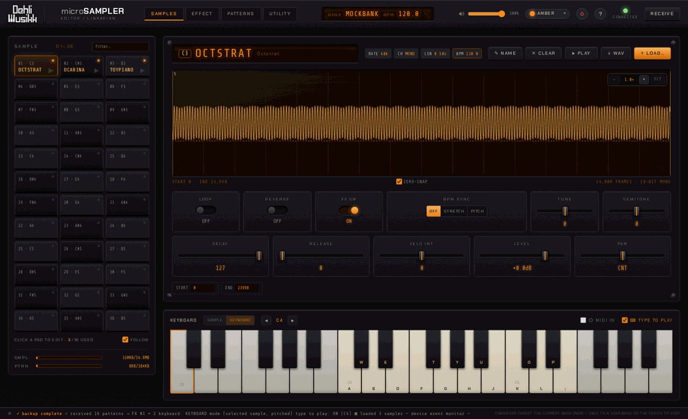 The editor walking through its Samples, Effect, Patterns and Utility views