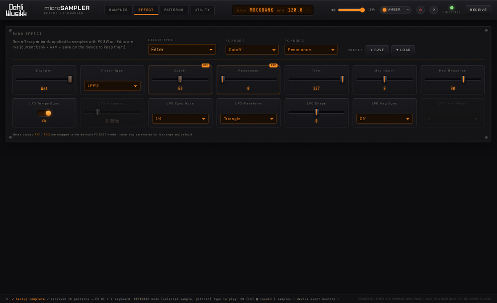 The Effect view: an effect type selected with its parameter grid, two parameters badged FX1 and FX2