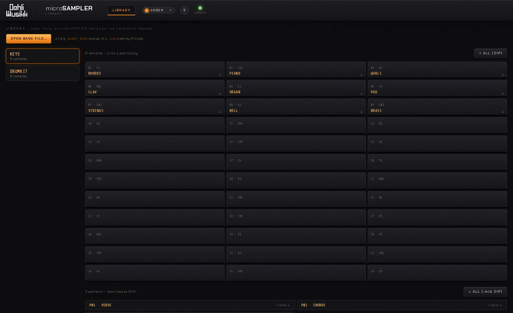 The Library view: a list of imported banks on the left and the selected bank's sample pads on the right, each playable and downloadable, with the recovered patterns listed below as MIDI downloads