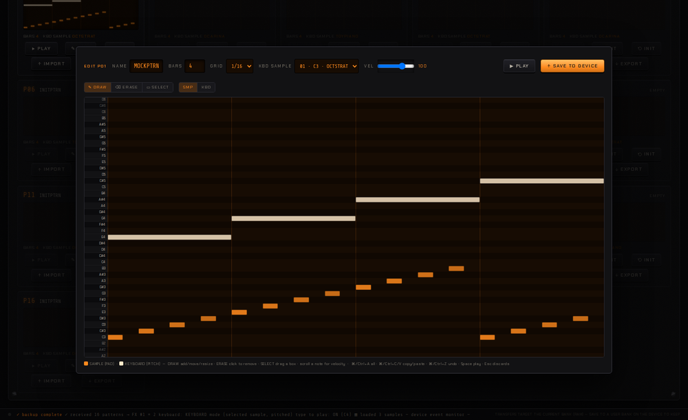 The pattern editor: a piano roll over the two tracks, with sample-mode notes in amber and keyboard-mode notes in cream, Draw/Erase/Select tools and a SMP/KBD track switch above the grid