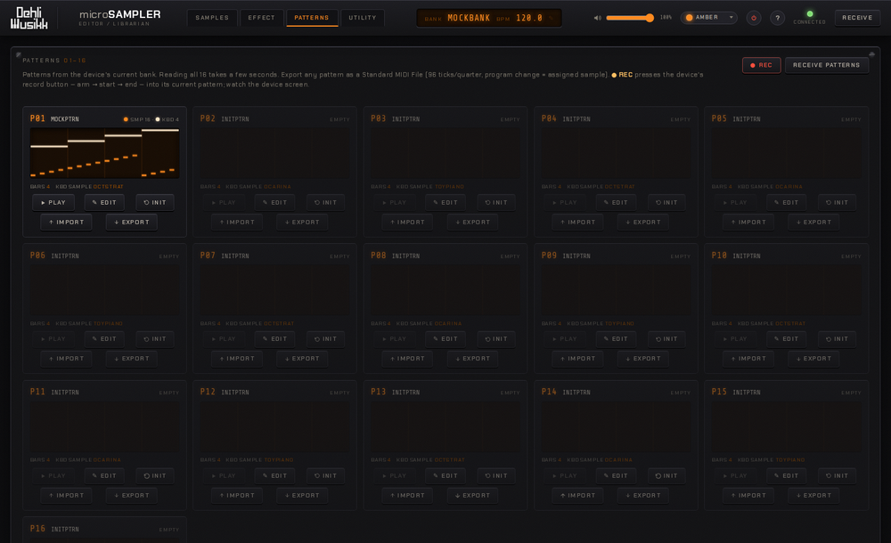 The Patterns view: a grid of pattern cards with piano-roll previews