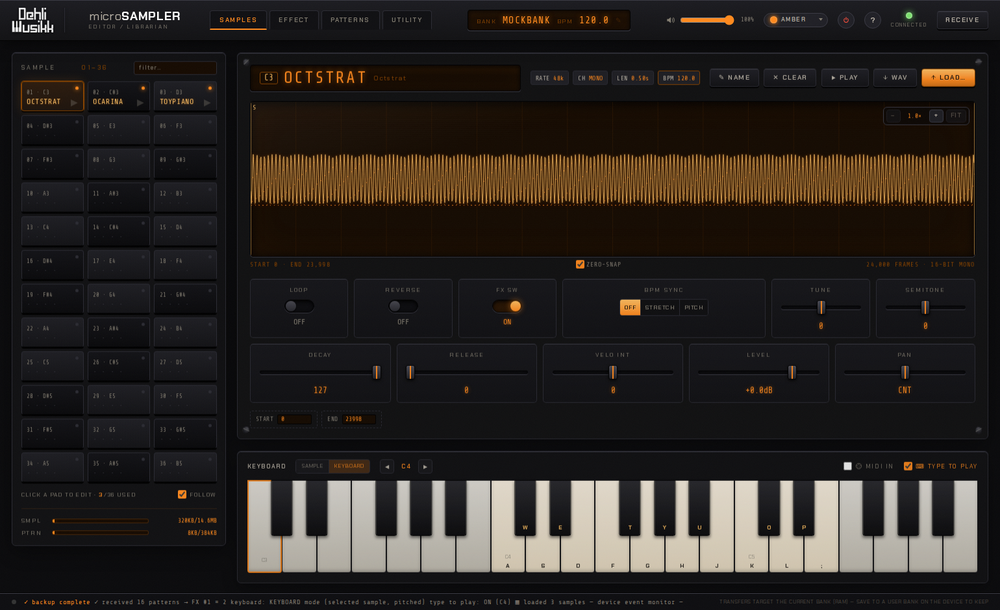 The Samples view: 36-pad grid on the left; waveform and parameter controls on the right, with an on-screen keyboard beneath them