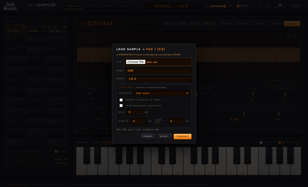 The upload dialog with audio tools: channels, normalize, trim, gain and fades