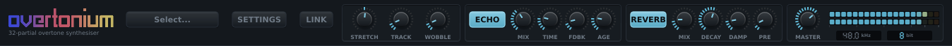 The top bar: preset and settings buttons, LINK, the stretch, track and wobble controls, the tape echo, the reverb, the master fader and the output meter with two seven-segment converter readouts.