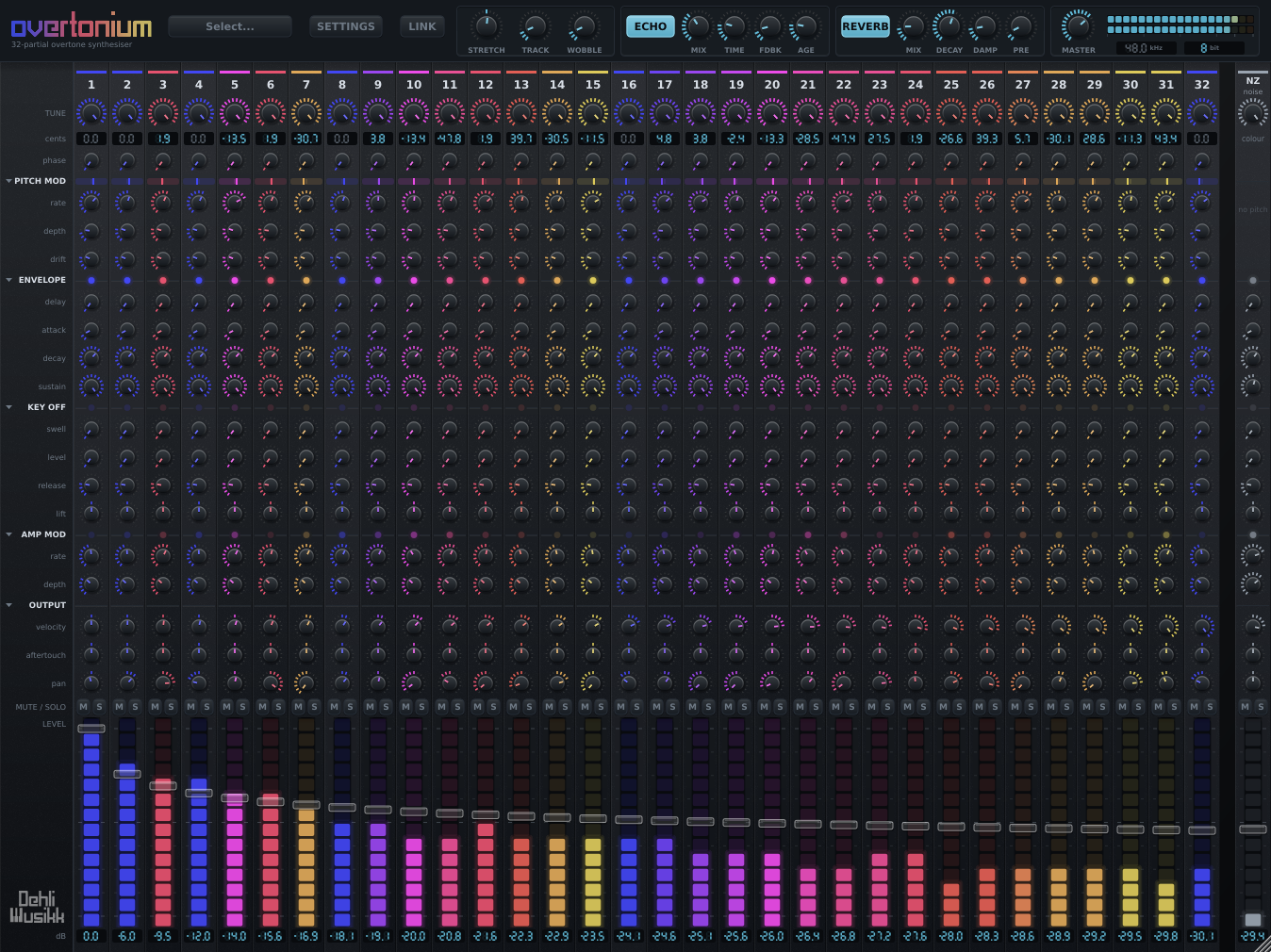 The Overtonium window: a top bar of global controls above 32 channel strips and a noise channel, with the meters lit by a held chord.