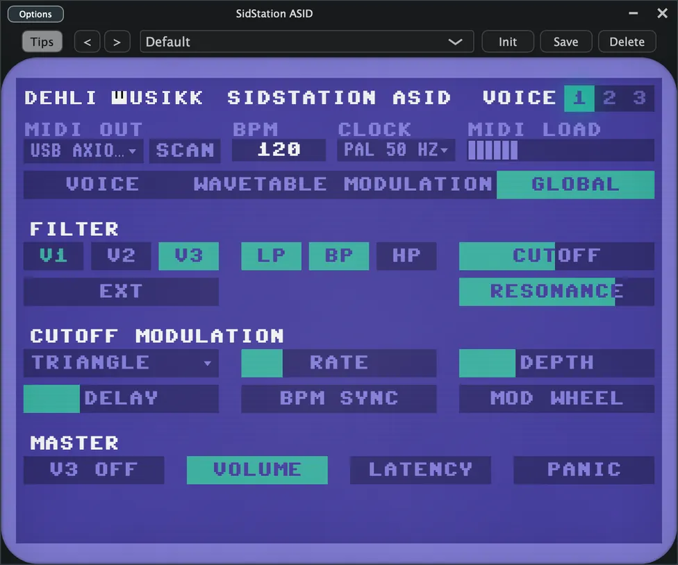 The Global tab, with the shared filter, cutoff modulation and master controls