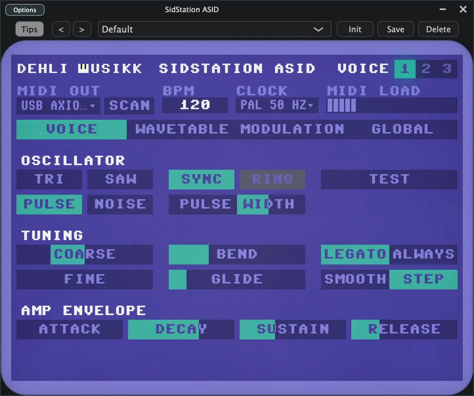 The Voice tab, with the oscillator waveforms, tuning and ADSR envelope