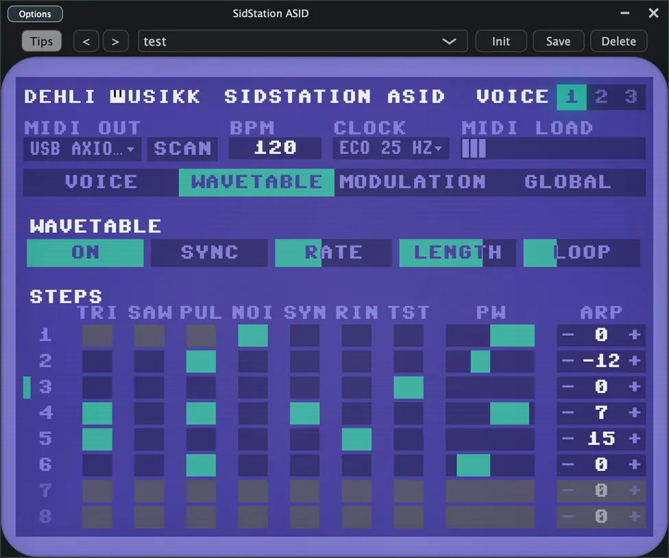 The Wavetable tab, with eight step rows and the loop point marked