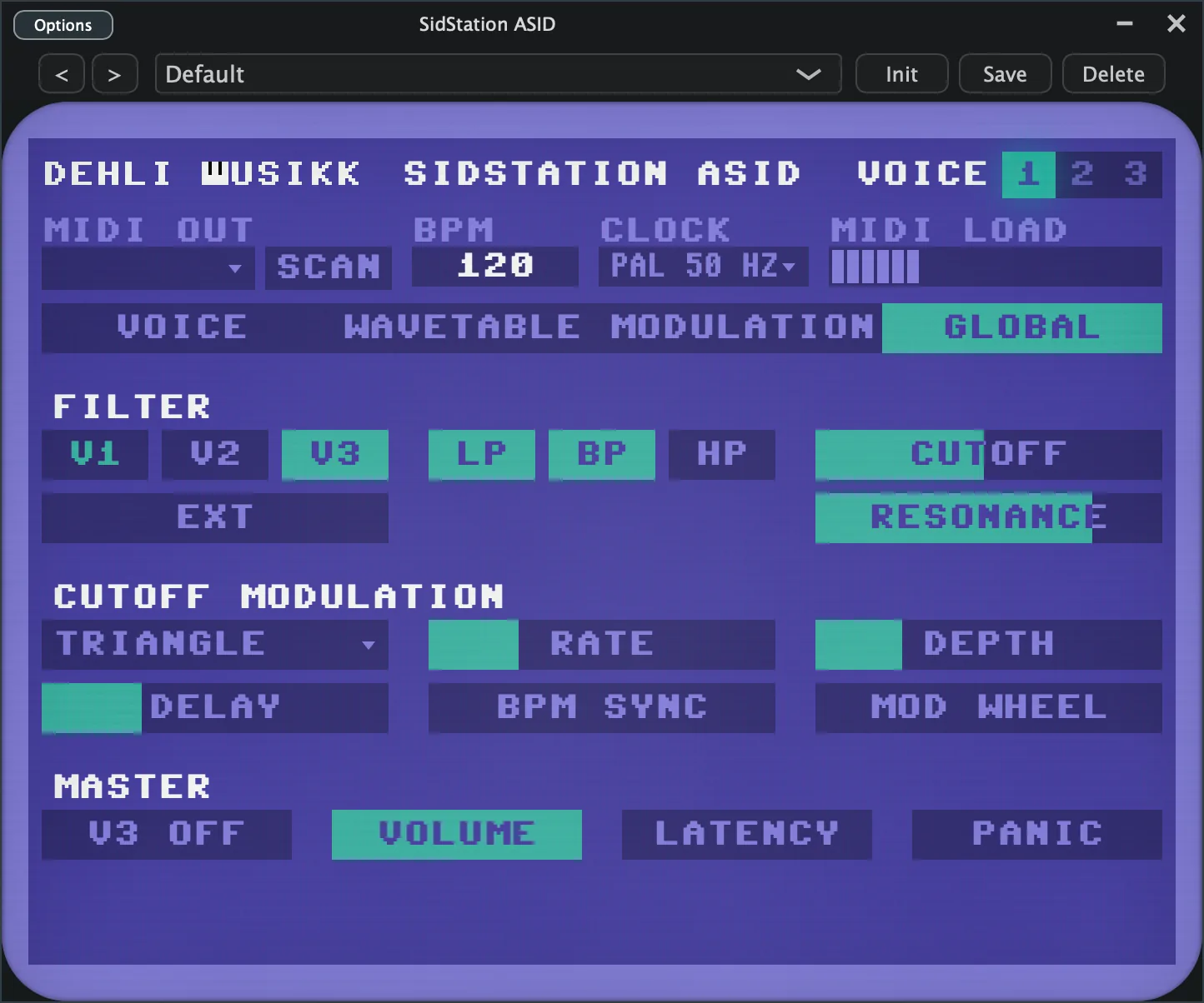 The Global tab, with the shared filter, cutoff modulation and master controls