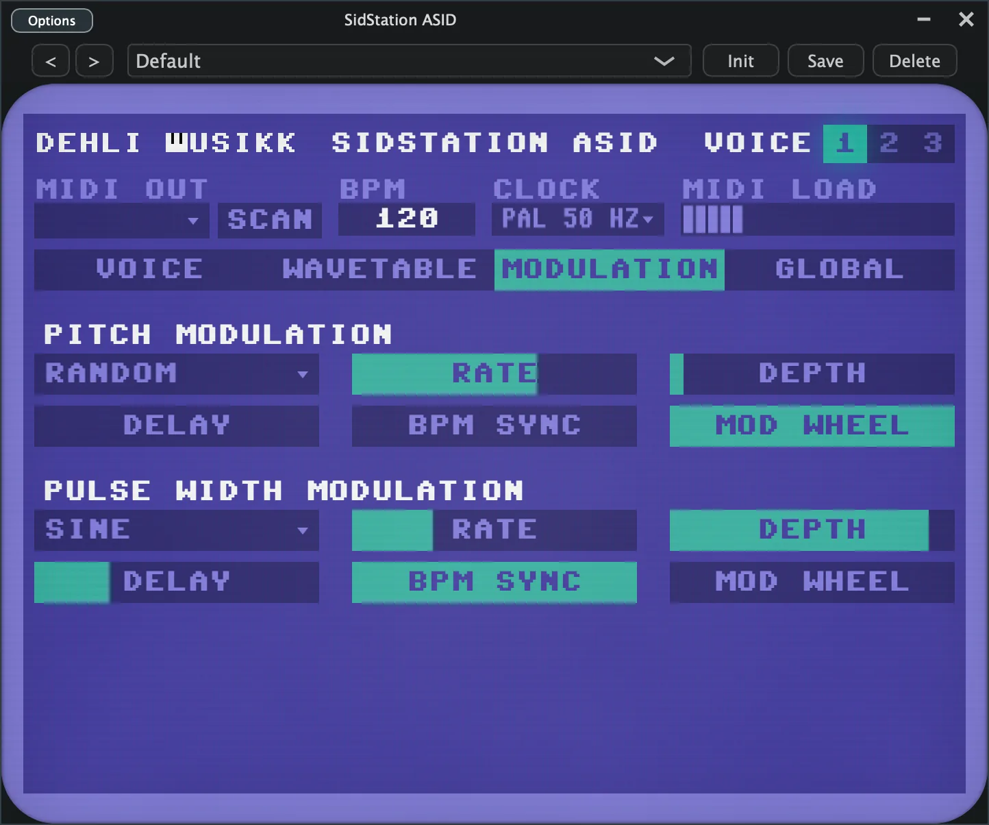 The Modulation tab, with the pitch and pulse width LFOs