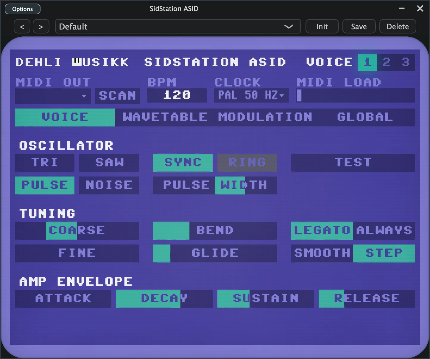 The Voice tab, with the oscillator waveforms, tuning and ADSR envelope